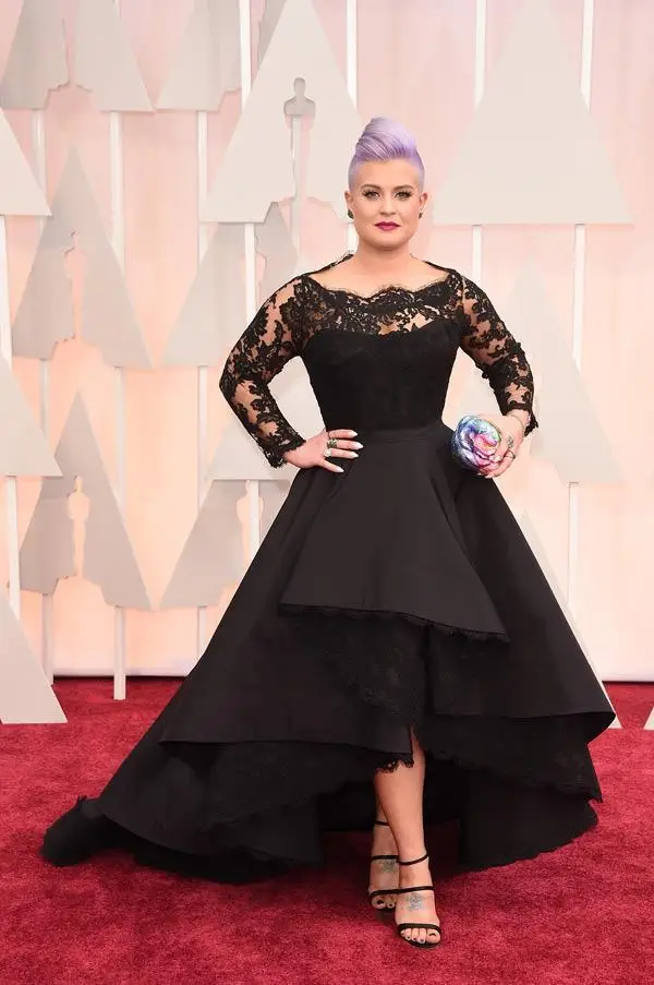 

Oscar Kelly Osbourne Red Carpet Dresses Celebrity Evening Gowns Illusion Long Sleeve Lace Women Formal Party Dress High Low