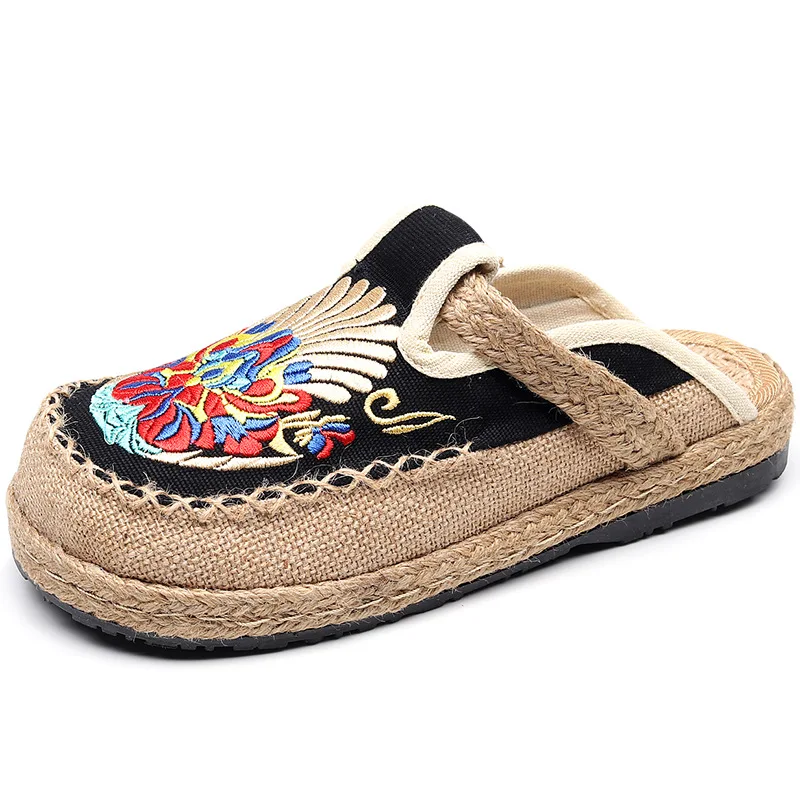 

Flat Shoes Female Woman's Slippers Slides 2021 Summer Basic Totem Fabric TPR Embroider Hemp PU Ethnic Floral Flat Shoes Female W