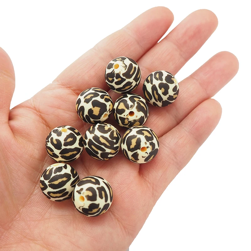 Chenkai-Cuentas de silicona con estampado de leopardo para beb&eacute;, abalorios de forma redonda para dentici&oacute;n, sin BPA, accesorios sensoriales para juguete de mascar, 15MM, 10 Uds.-2