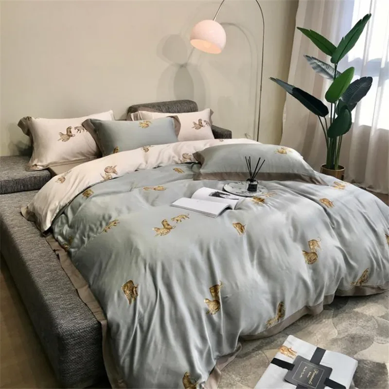

American Style Luxurious Bedding Set Lyocell Tencel Duvet Cover Leopard Pattern Sheet Fine Silky Pillowcase King Queen 4 PCS
