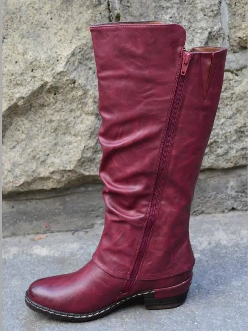 Женские сапоги до колена на низком каблуке с круглым носком|Сапоги колена| |