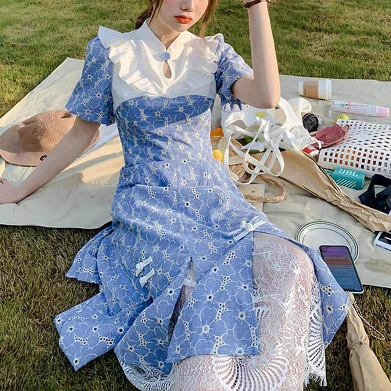 

Elegant Floral Vintage Dress Women Summer Lace Patchwork Korean Party Dress Hollow Out Designer Casual Evening Split Dress 2021