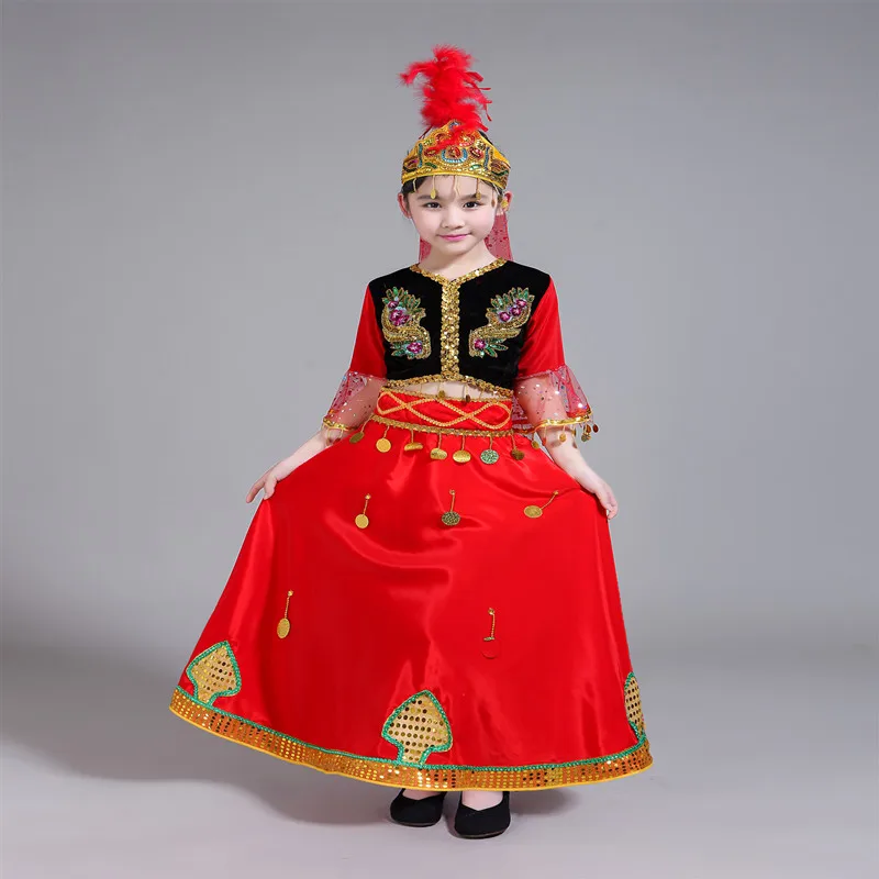 Красный Синьцзян уйгурские этнические танцевальные костюмы для девочек
