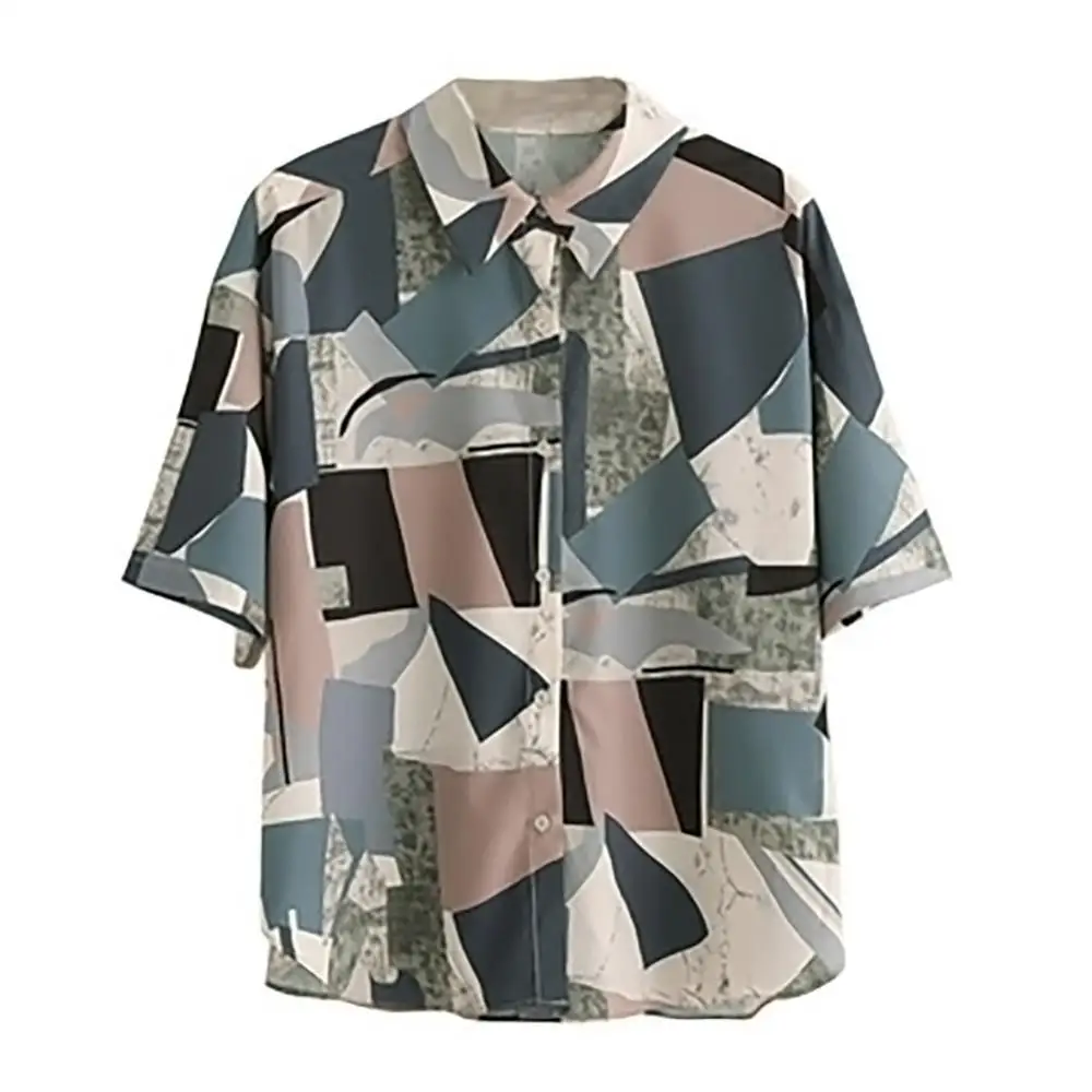 

Female Retro Geometric Pattern Turn-down Neck Short Sleeve Ladies Loose Chiffon Casual Tops Blouse T-shirt Women 2021