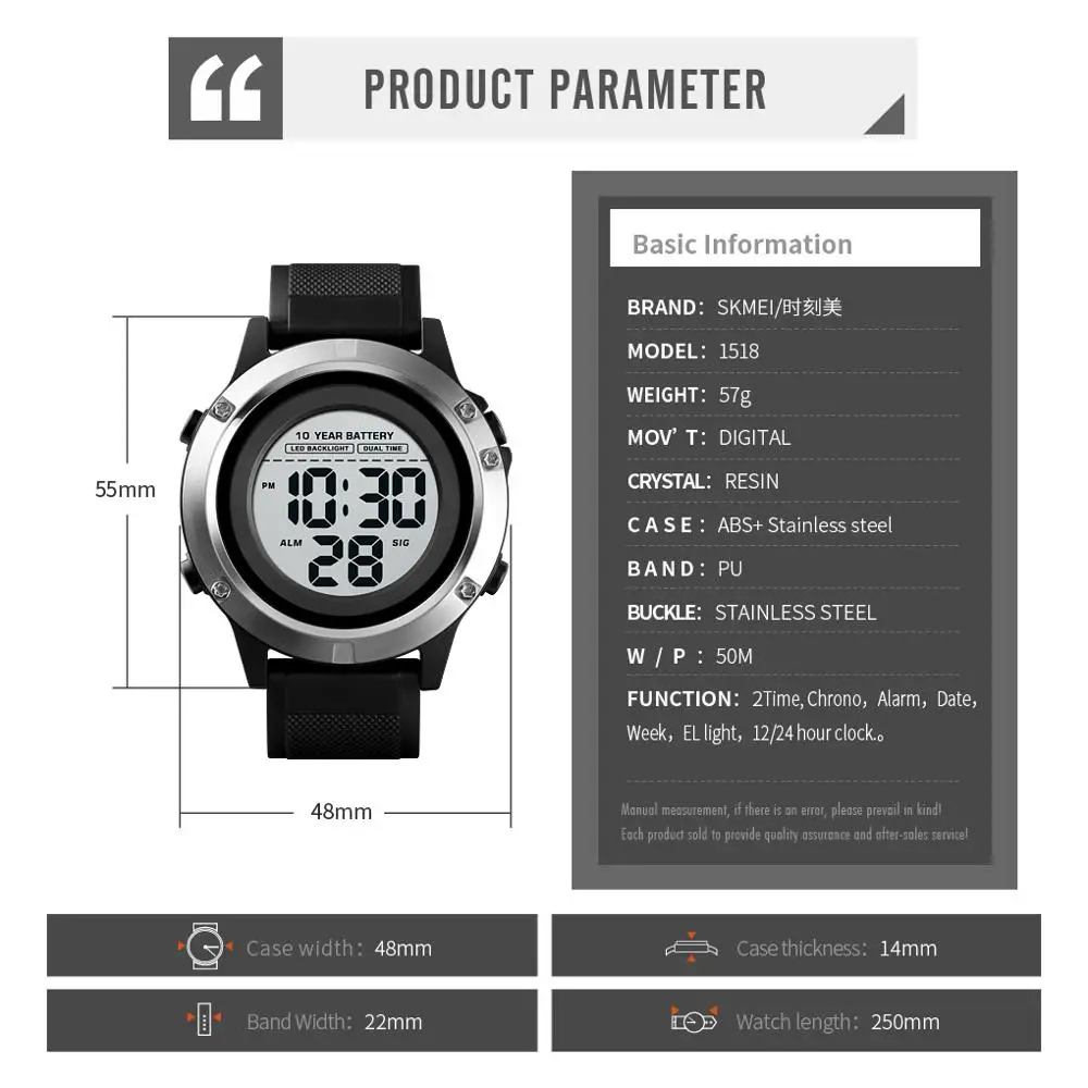 

SKMEI LED Dual Time Wrist Watches Mens Sport Digital Mens Watch Waterproof Ten Year Battery Alarm Chrono Clock montre homme 1518