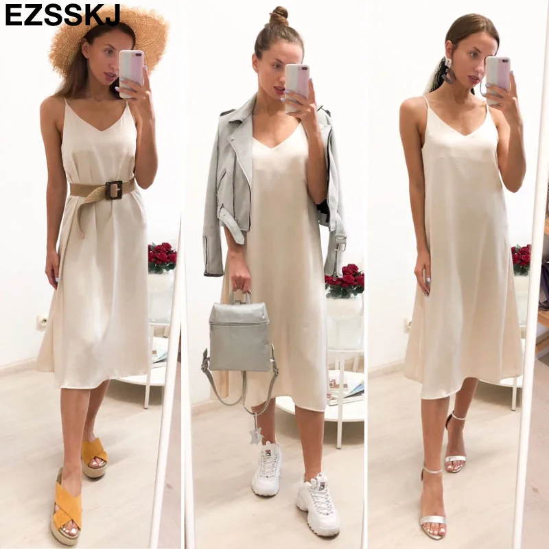 

Spring summer 2020 Woman Tank Dress Casual Satin Sexy Camisole Elastic Female Home Beach Dresses v-neck camis sexy dress