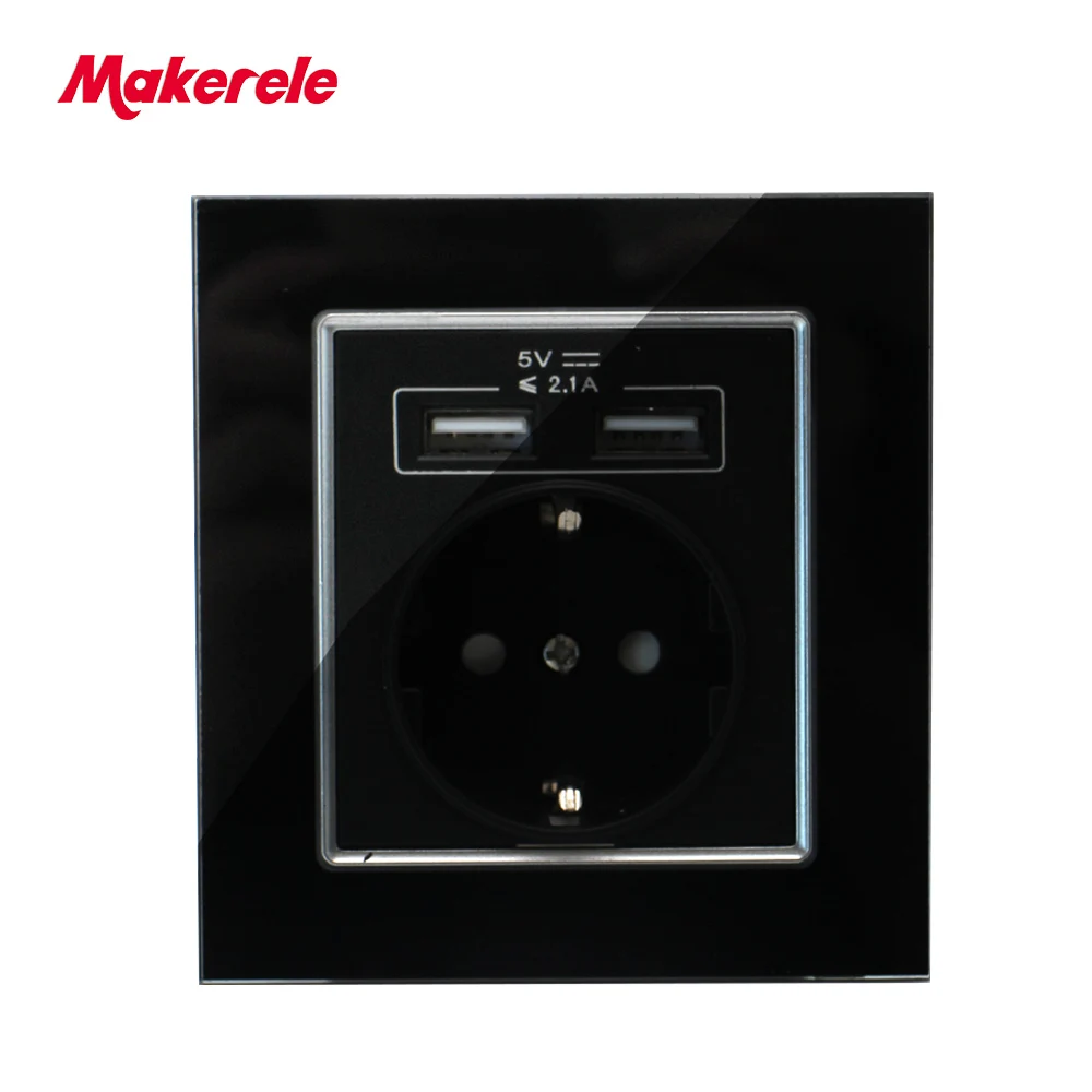 Makerele Wall Power Outlet Glass Panel 16A EU Standard Socket with 2100mA Dual USB three colors | Обустройство дома