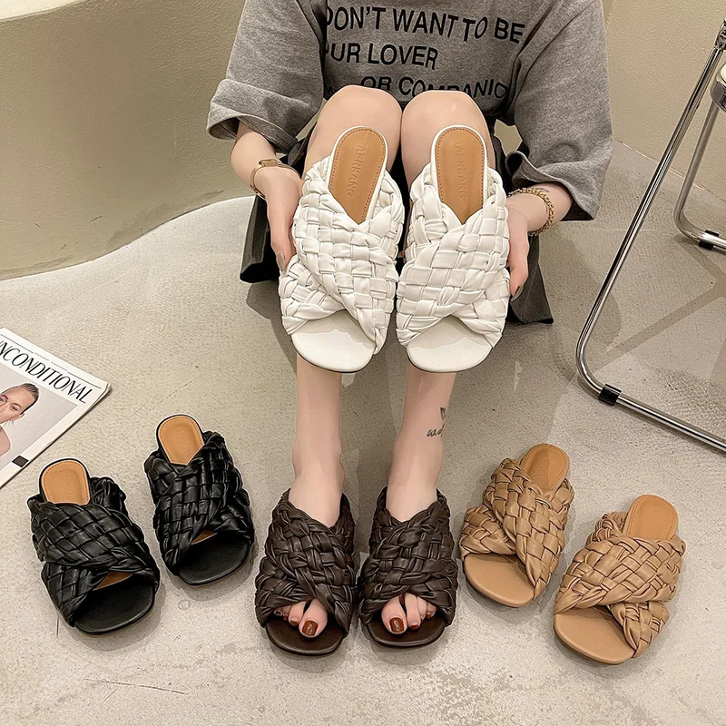 

Slippers Casual Peep Toe Shoes Slides Platform Slipers Women Low Shale Female Beach Luxury Flat 2021 Sabot Square Fashion Rubber