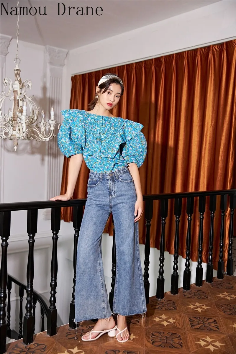 Женская блузка с волнистыми оборками дизайнерская синяя рукавами-фонариками и