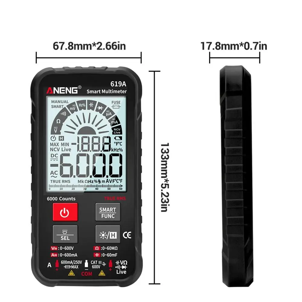 

ANENG 619A Digital Multimeter AC/DC Currents Voltage Testers True RMS 6000 Counts Professional Analog Bar Multimetro NCV Meter