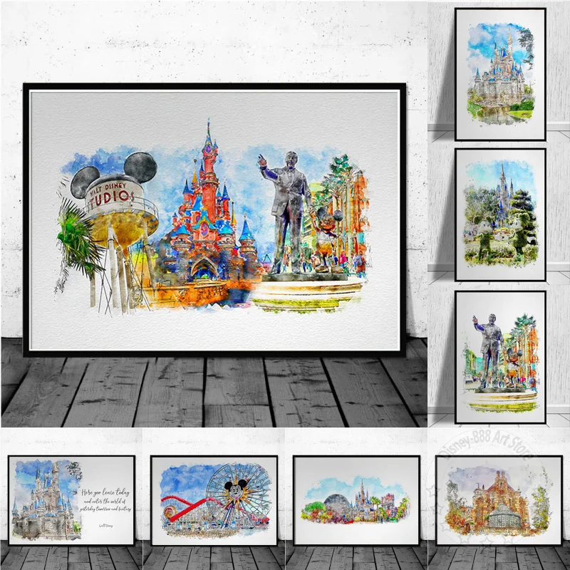 

Disney Princess Castle Poster Cartoon Disneyland Watercolor Mickey Mouse Canvas Painting And Print Wall Art Kids Room Home Decor
