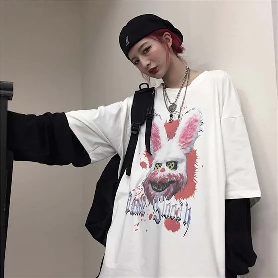 30781white NiceMix Harajuku/футболка с принтом тыквы и буквами; Поддельные 2 штуки; Лоскутная Повседневная футболка с длинными рукавами; женская и Мужская Уличная одежда; топы - Цвет: 30781white