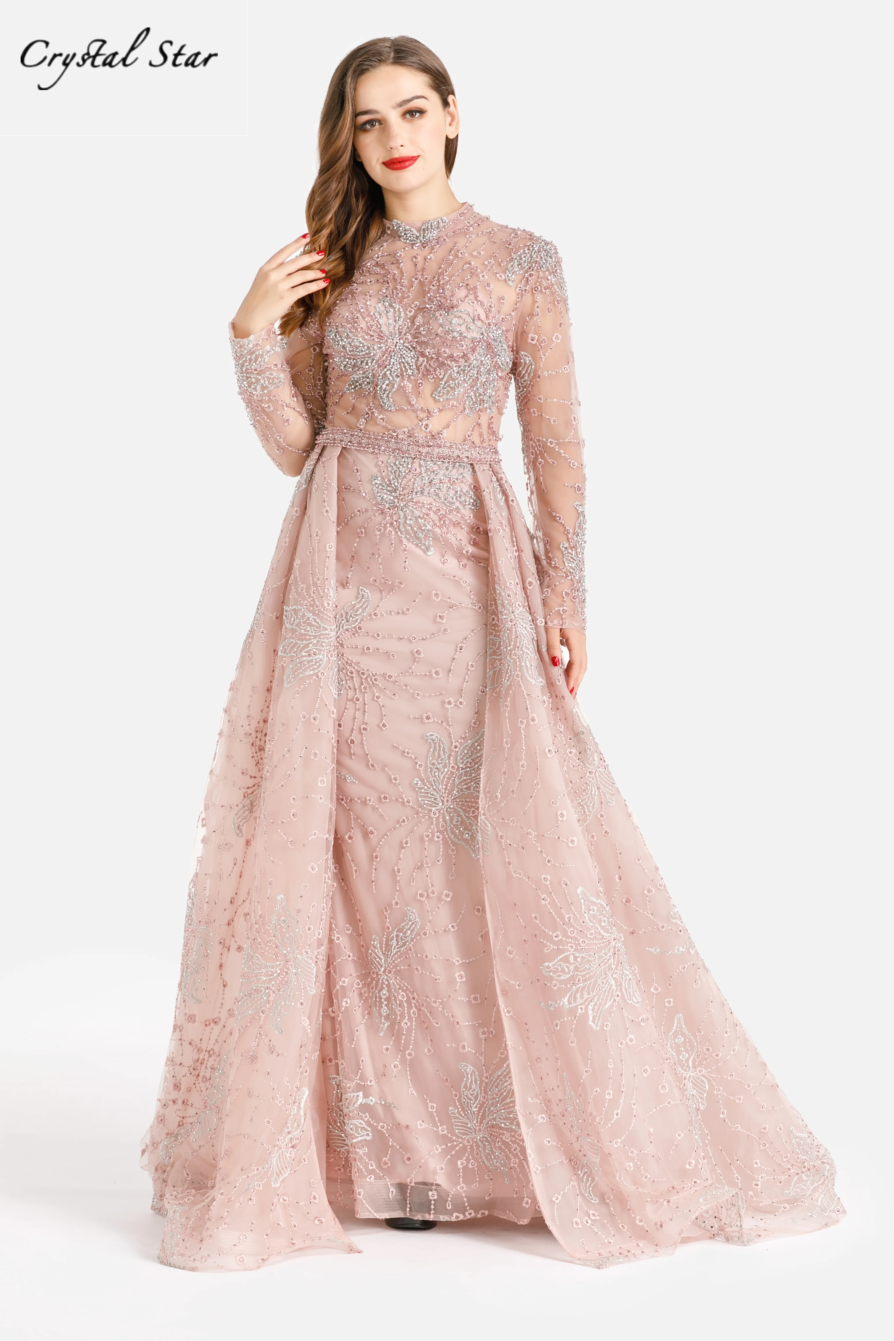 

Pink Long Sleeves With Train Mermaid 2021 Dubai Evening Party Wear Dresses Gowns For Women Wedding HO1063