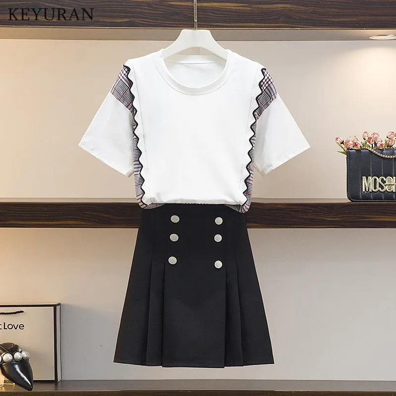 

High Quality 2021 Summer Elegant Women 2 Piece Set Women Patchwork Shirt Top + Double-Breasted Pleated Pencil Mini Skirt Suit