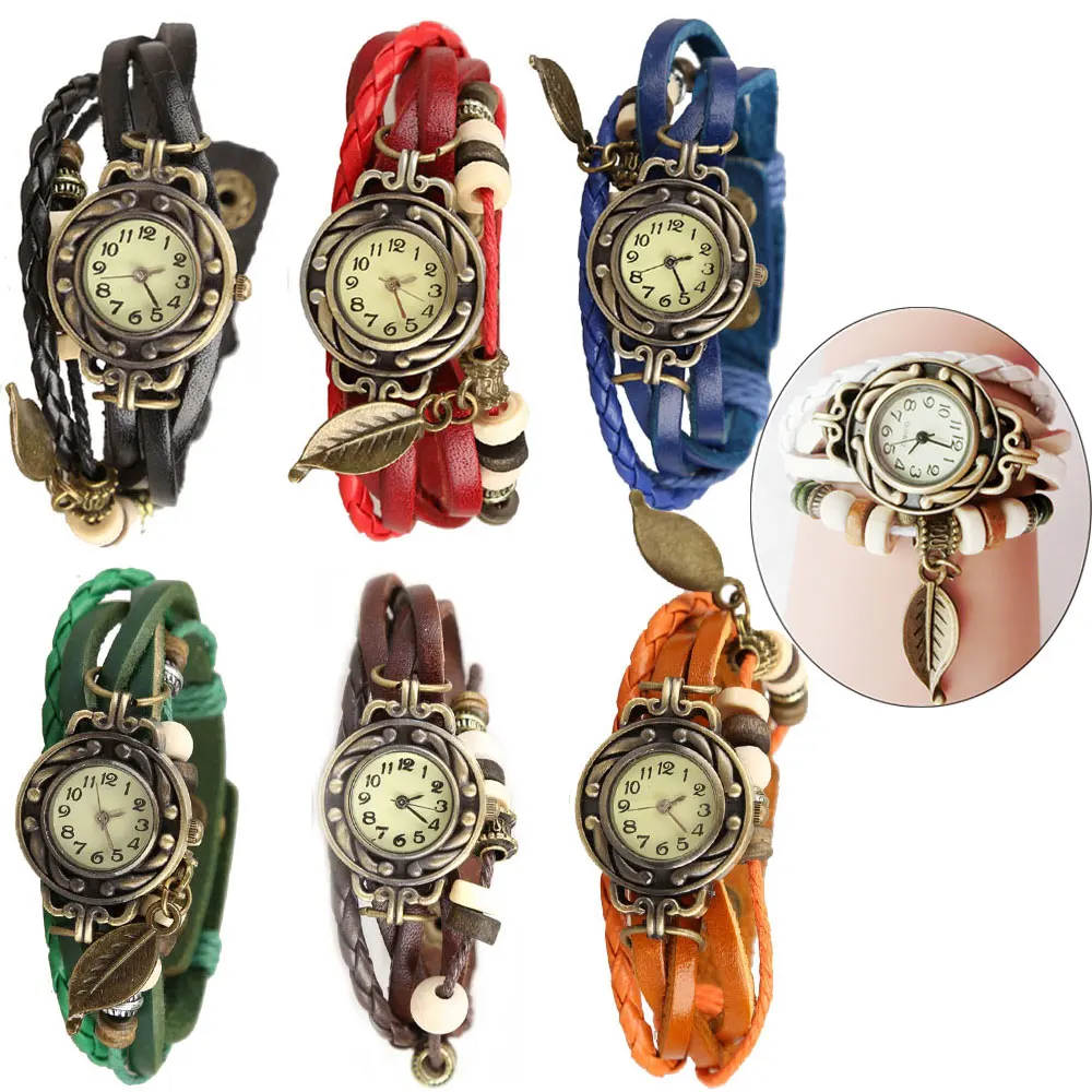 

Винтажный Браслет, кварцевые наручные часы с плетеной окантовкой, кожаный ремешок, листья, бусины для женщин, магазин NYZ