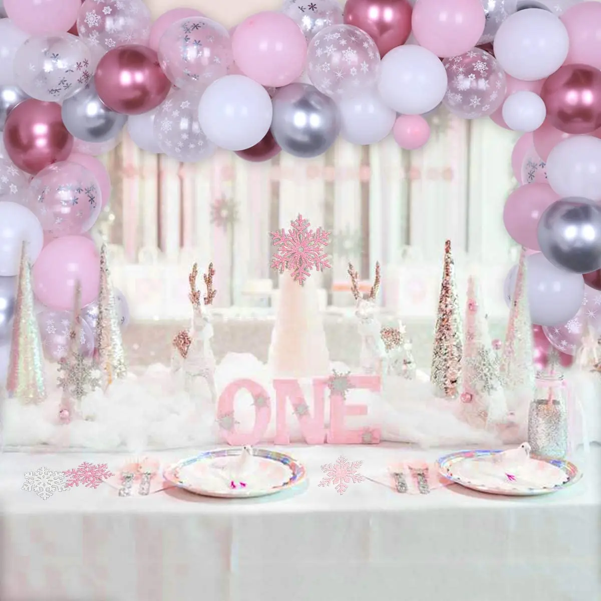 Suministros de fiesta de primer cumplea&ntilde;os con tem&aacute;tica de Frozen rosa, Kit de arco de guirnalda de globos, guirnalda de copo de nieve para ni&ntilde;a, decoraciones para fiesta de Baby Shower-4