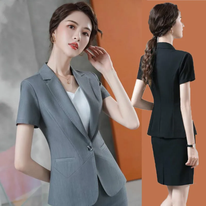 

Женский деловой костюм, новый модный летний костюм с коротким рукавом и юбкой, официальный костюм, тонкий комбинезон, полная офисная одежда ...