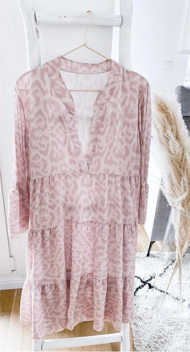 

Women V-neck Leopard Dress Casual Ruffle Trumpet Sleeve Flared Straight Dress Office Lady Loose Knee-Length Dress New Autumn