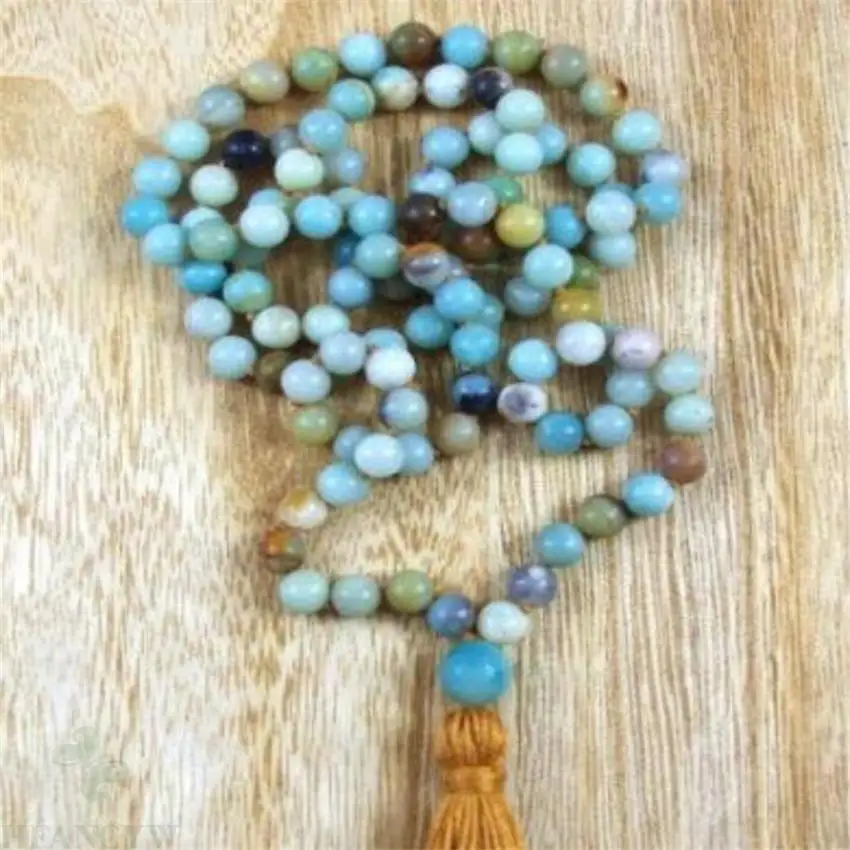 

8mm Amazonite Gemstone Tassels Mala Necklace 108 Beads cuff spirituality yoga energy Lucky Fancy Gemstone Bless Chakas