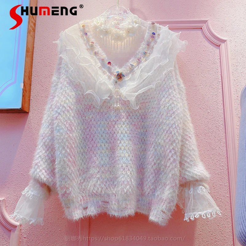 

Зима 2021, яркий вязаный пуловер с V-образным вырезом и блестящими кристаллами, милые свободные свитера, женский теплый свитер из Гуанчжоу с дл...