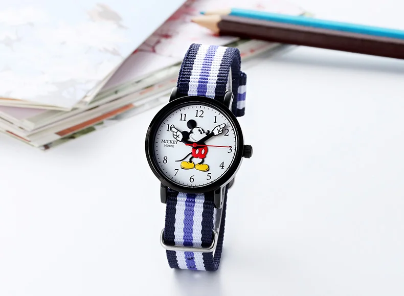 Детские кварцевые наручные часы disney Mickey, классические нейлоновые часы-браслет с кожаным ремешком, детские часы Reloj для учеников начальной и средней школы - Цвет: black- opp pack
