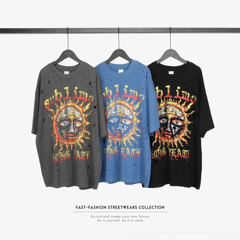 Мужская футболка в стиле хип хоп уличная из чистого хлопка ретро с потертостями и
