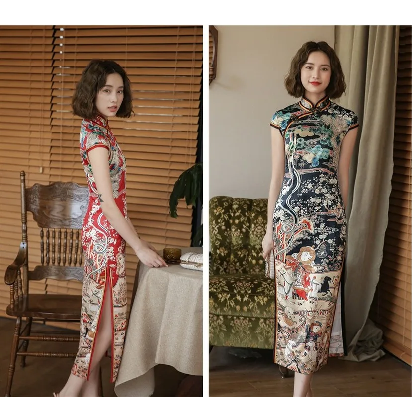 

Autumn and winter new silk cheongsam improved retro Chinese style temperament showing figure long red banquet dress young