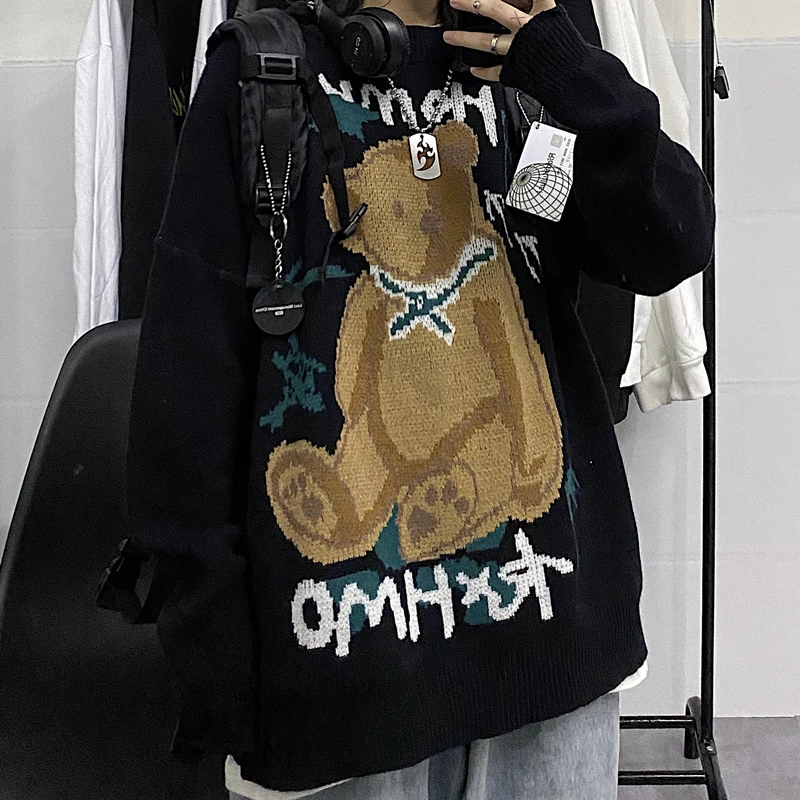

Winter Retro Knitted Sweater Jacket Ins Trend Dark Cute Cartoon Bear Jacquard Harajuku Style Casual Loose Thick Needle Top