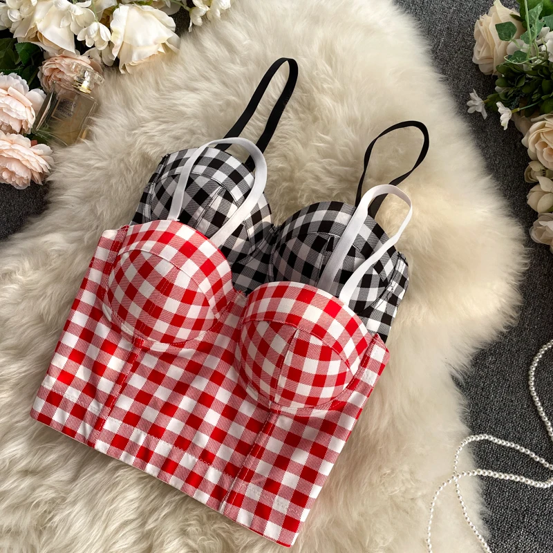 

Fashion outer wear camisole women's three-dimensional gathered chest wrap underwear retro plaid short tops trendy