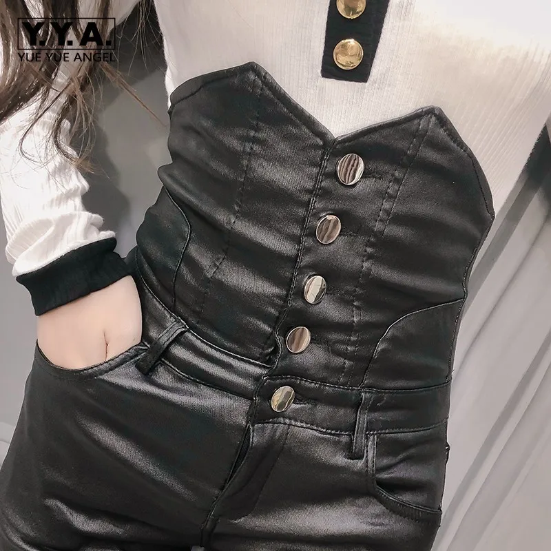 

Sexy High Hot Waist Women Pu Leather Pants Button Fly Skinny Leggings Pencil Pants Streetwear Female Faux Leather Long Trousers