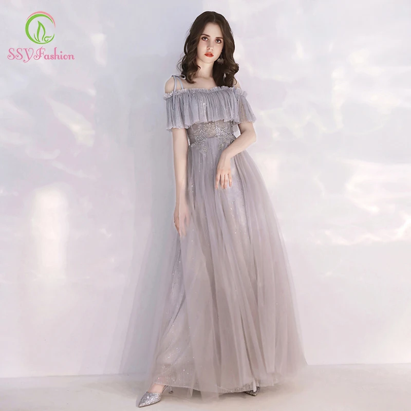 Женское банкетное платье SSYFashion элегантное серое до пола с вырезом лодочкой и