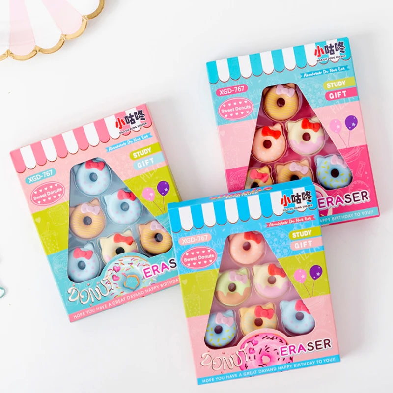 

6pcs/lot Creative Cat With Bow Donut Eraser Cartoon Rubber Prizes Kid Gifts