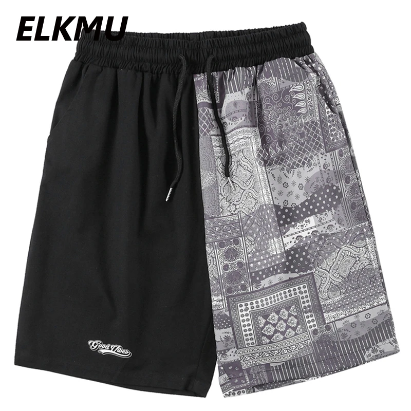 

ELKMU Streetwear Shorts Bandana Paisley Pattern Patchwork Color Block Shorts Harajuku Fashion Men Summer Short Pants Male HM223