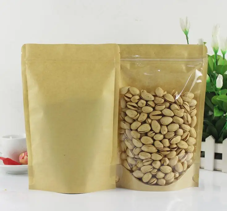 500 шт./лот пакет из крафт бумаги с окошком на молнии перезаряжаемые пакеты для