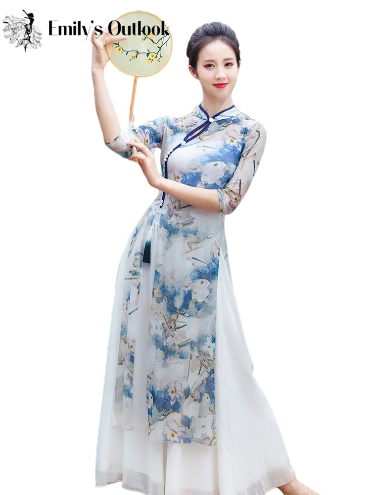 

Chinese Traditional Cheongsam Women Classical Dance Practice Long Dress With Knot Button Flowy Blue Folral Folk Dance Shirt XL
