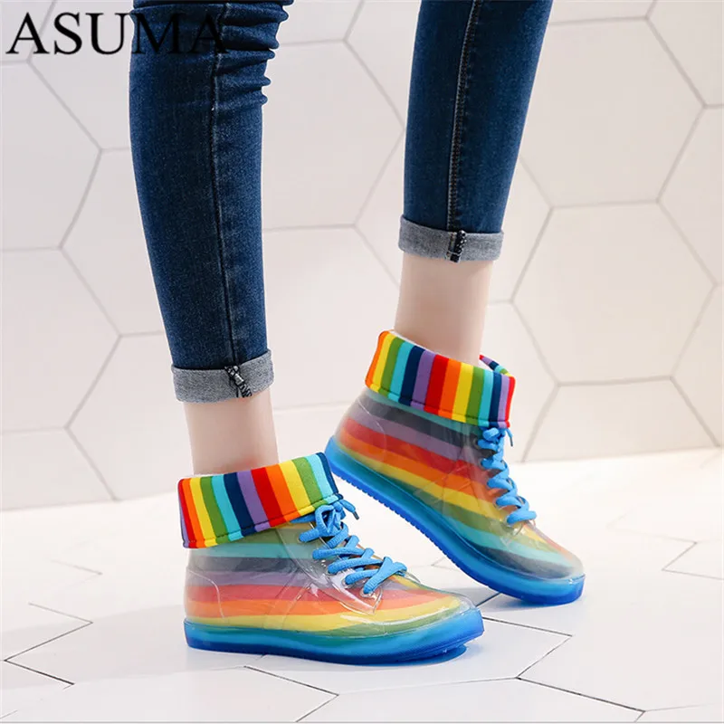 Непромокаемые ботильоны со съемным чехлом на платформе прозрачные шнуровке из