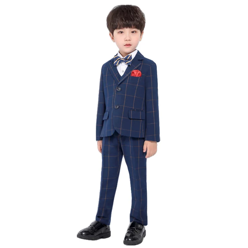 

Formal Boys Slim Suits Sets Children Performance Party Wedding Costume Kids Boys Plaid Blazer Vest Trousers Bowtie Clothing Set