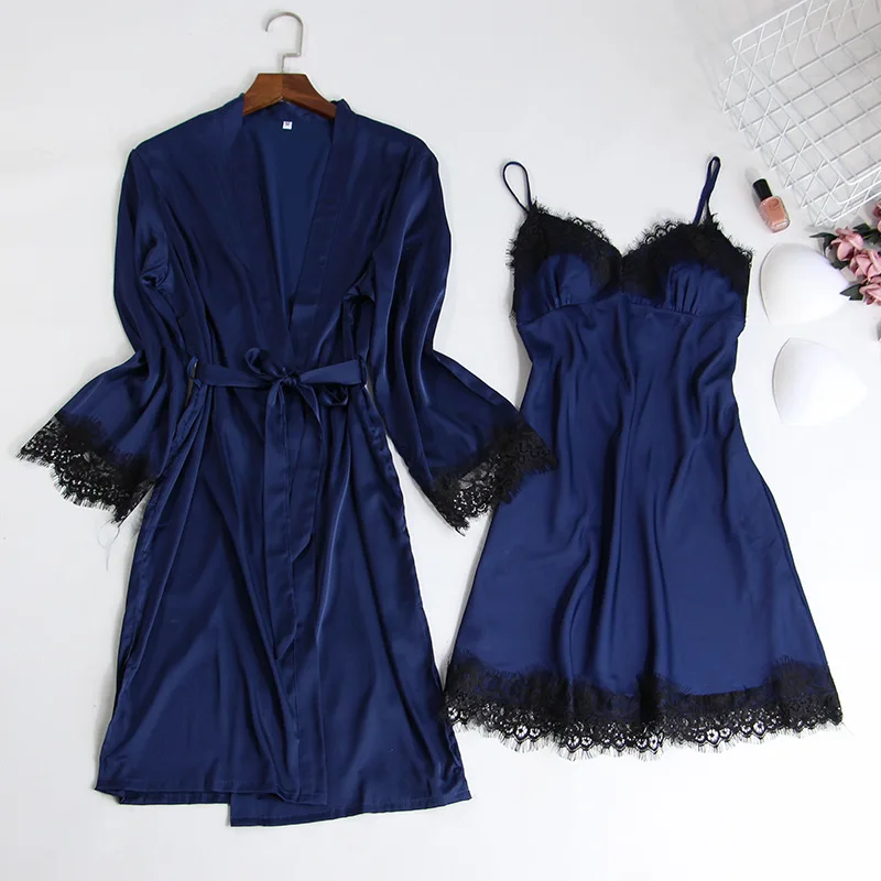 

Burgundy Sexy Female Sleep Set Lace Homewear Spring New Wedding Robe Set Satin Intimate Lingerie Silky Sleepwear Nightwear