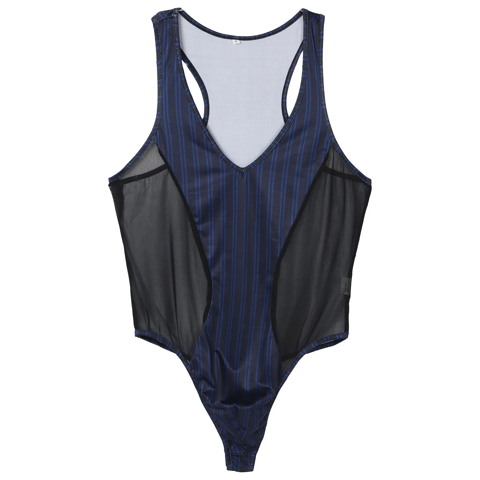 

Mens Lingerie Bodystocking Sleeveless See-through Mesh Patchwork Hollow Out Bodysuit One-Piece Striped Jockstraps Pouch Teddies