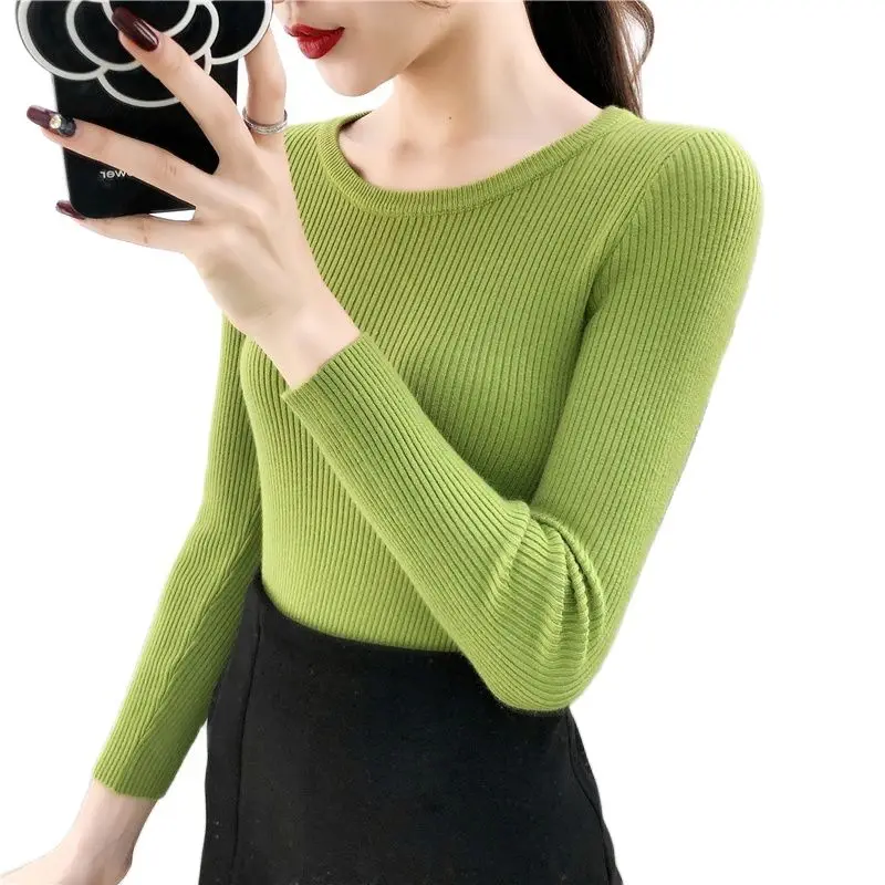 

Женский трикотажный пуловер в рубчик, плотный свитер с длинным рукавом и круглым вырезом, облегающий джемпер, мягкий теплый свитер, топ, Осе...