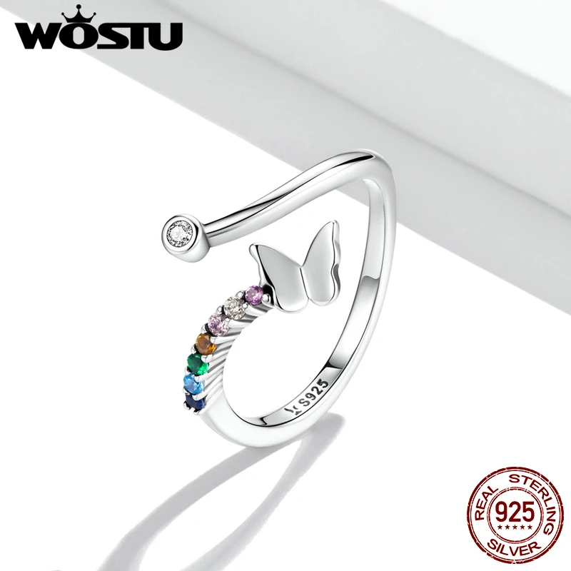 WOSTU Новое Радужное кольцо с бабочкой из стерлингового серебра 925 пробы сияющее