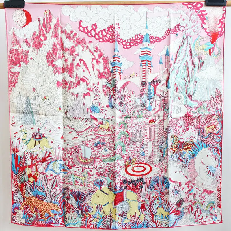 

Luxury 100% Twill Silk Scarf Women Fashion Square Kerchief Bandana Animal Forest Print Shawl Hijab Designer Scarves 90*90cm