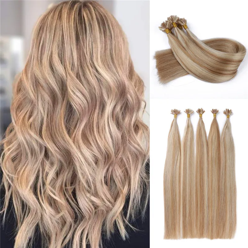 Human Hair U Tip Hair Extensions Highlighted Color 613 Mixed Blonde U Tip Fusion Extensions Prebonded Tipped Extensions