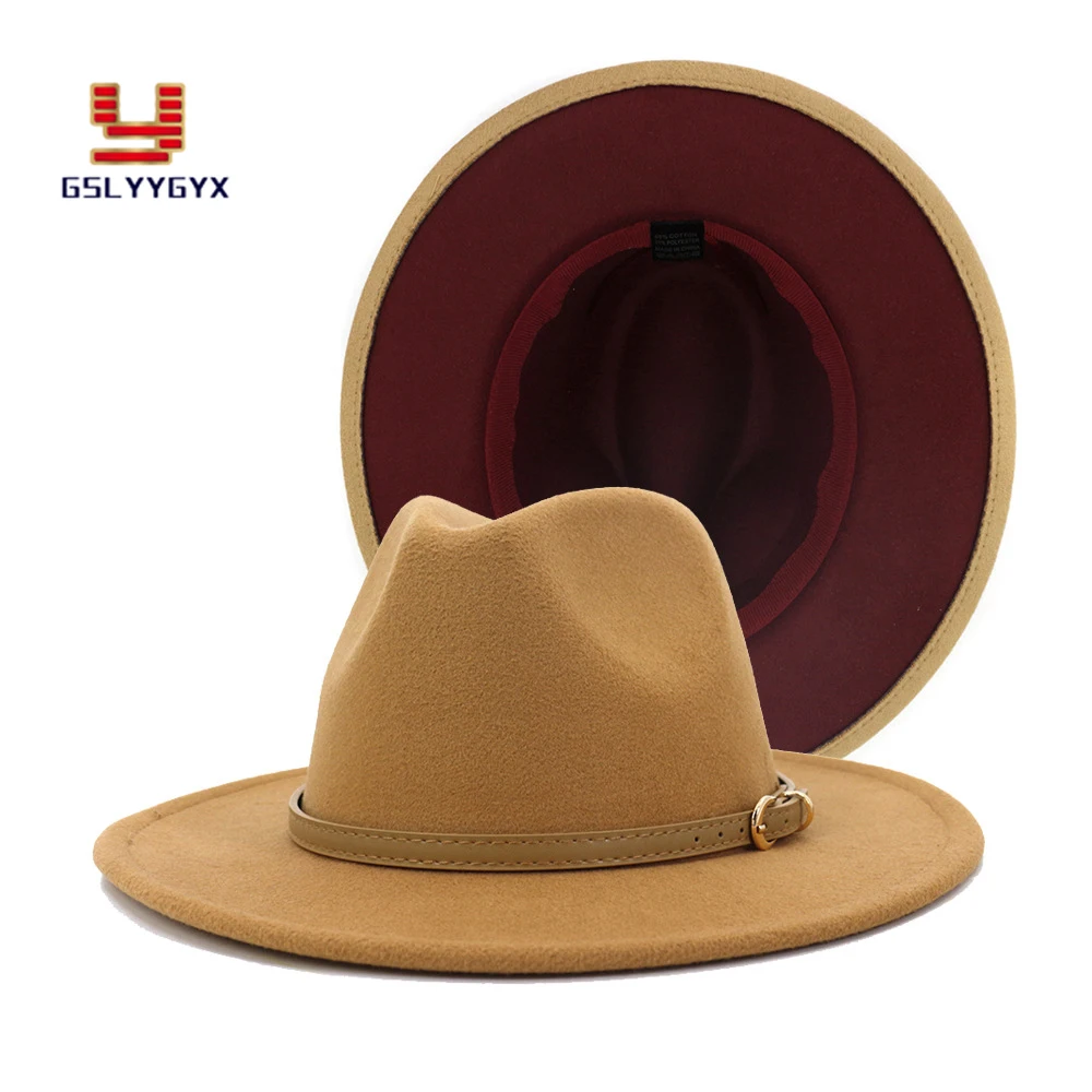 

Fall Winter Women Men New Fashion Woolen Felt Jazz Panama Fedora Hat Patchwork Camel Wine Red Wide Brim Church Hat Caps