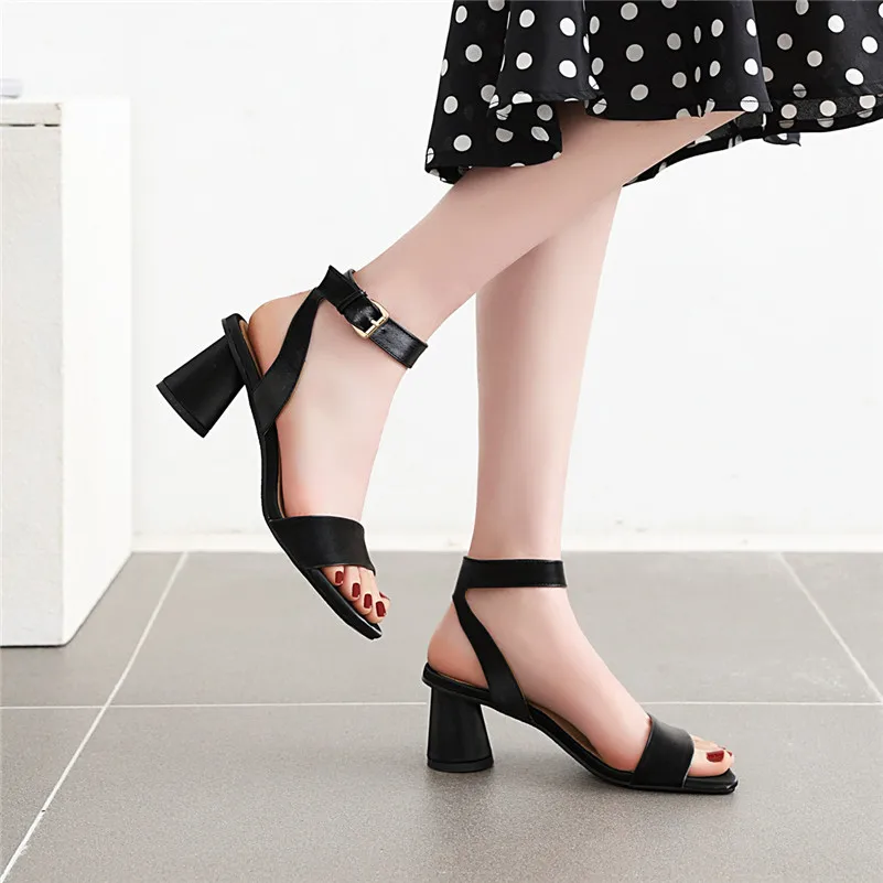 

ANNYMOLI Silk Round High Heels Sandals Ankle Strap Shoes Women Buckle Square Toe Party Footwear Lady Summer Black Big Size 33-46