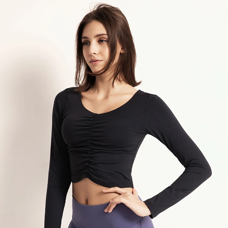 Женский бесшовный укороченный топ для занятий спортом фитнесом йогой и длинным
