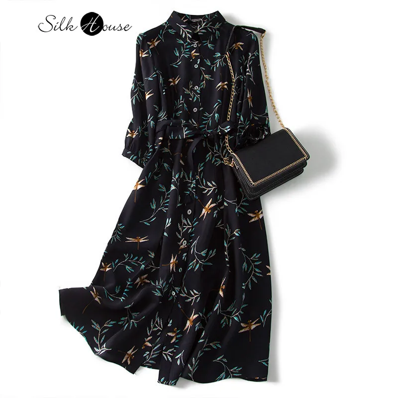 

Mulberry Silk Silk Silk Fabrics Crepe-De-Chine Dragonfly Printed Long Autumn Lace Dress 2020 New Dress