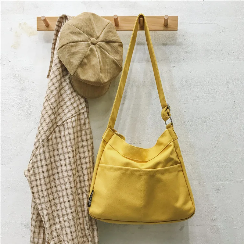 Холщовая вместительная сумка через плечо для женщин однотонная Повседневная