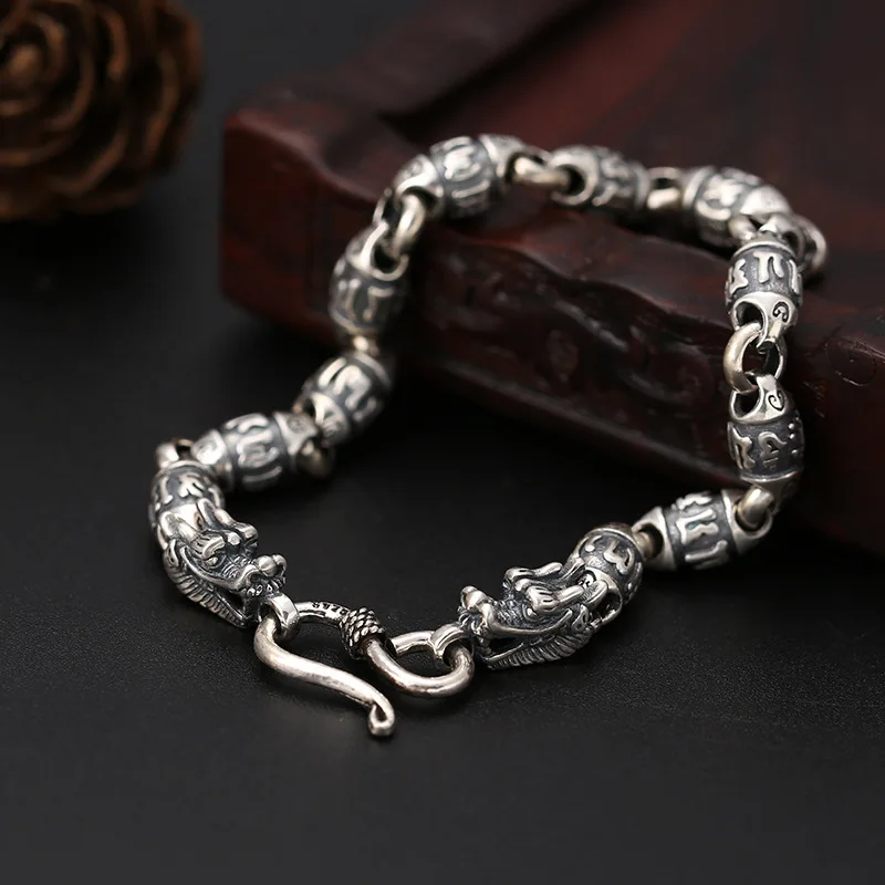 

100% S925 Sterling Silver Six words Chain Bracelets Fine Jewelry Solid Thai Silver Dragon Clasp Men Vintage Bracelet