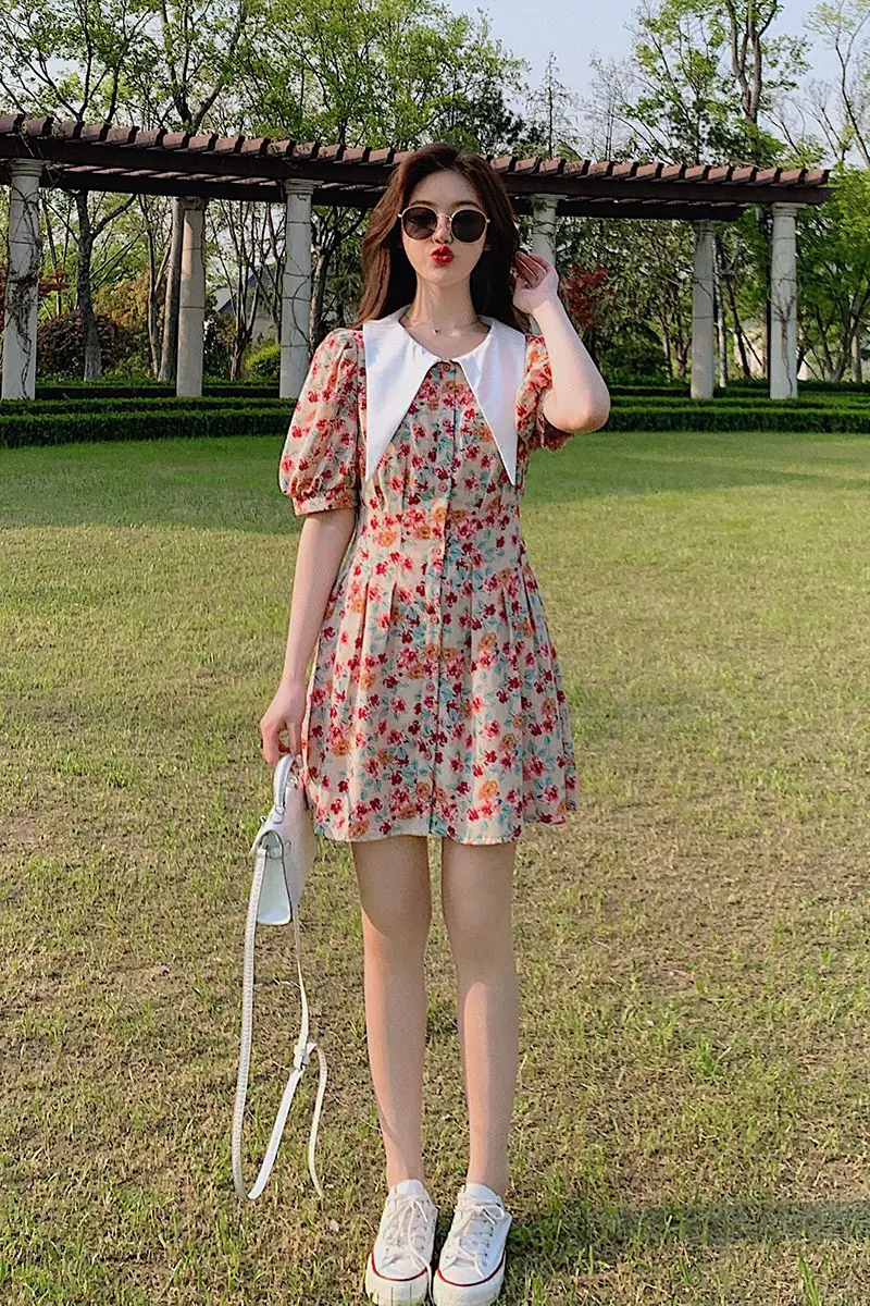 

COIGARSAM Floral Print Women Mini dress Summer Chiffon Short Sleeve Sailor Collar Dresses 3922